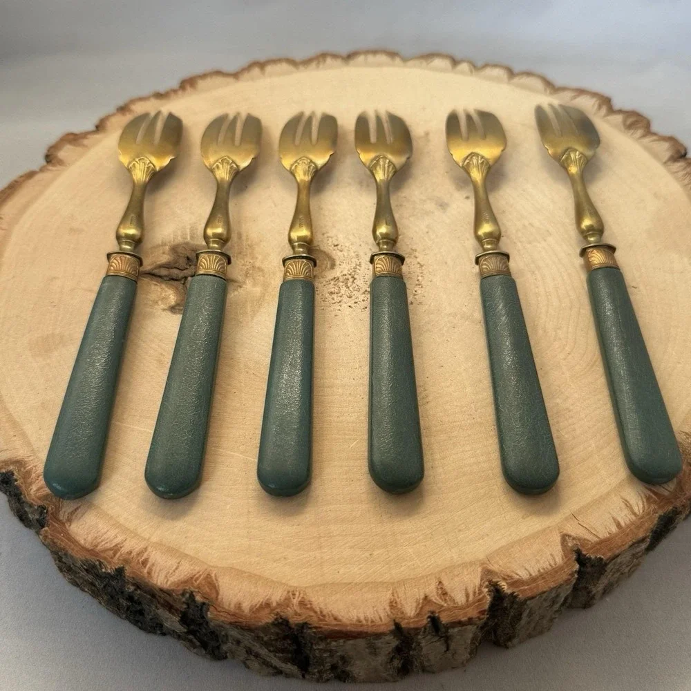 Vtg Brass Dessert/Fruit/Fish Forks Bakelite Handles Turquoise/Blue‎ With Cases
